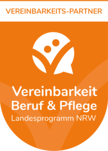 Ein orangenes Siegel mit den Worten "Vereinbarkeit Beruf & Pflege".