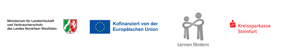 Logoleiste von dem Ministerium für Landwirtschaft und Verbraucherschutz des Landes Nordrhein-Westfalen, Kofinanzierung durch die Europäische Union, Lernen fördern e.V., Kreissparkasse Steinfurt