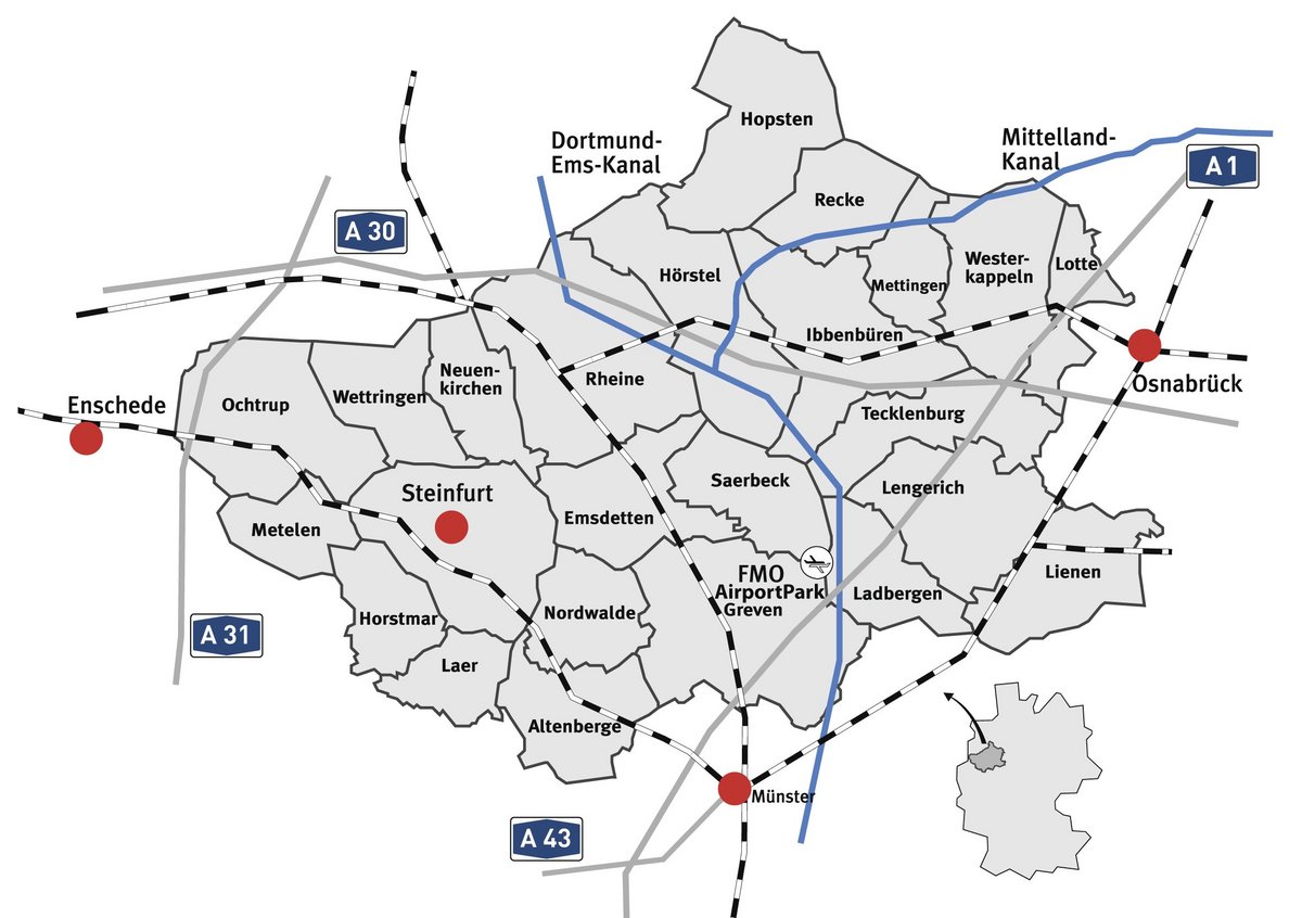 Eine grafische Karte des Kreises Steinfurt, auf der die 24 Orte sowie Autobahnen, Schienen und Flüsse eingezeichnet sind.